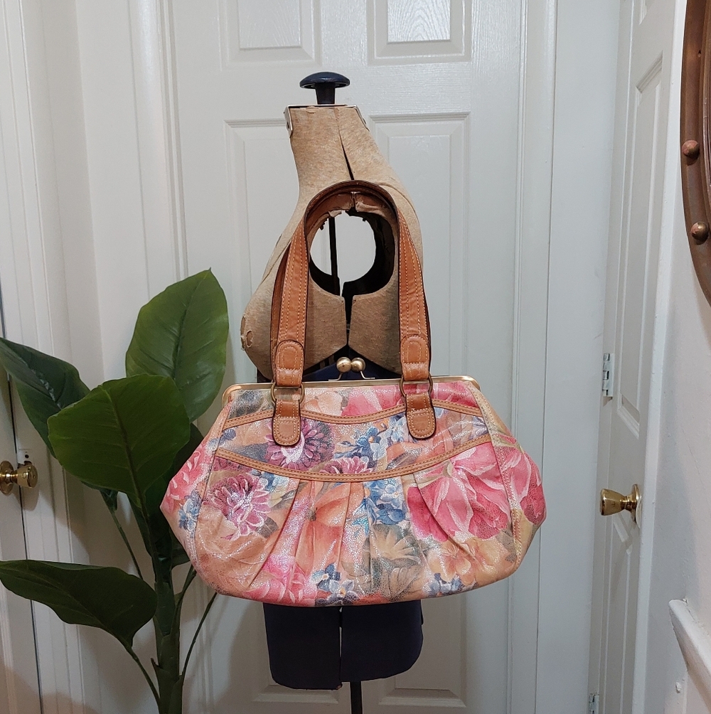 Bueno Floral Multicolor Shoulder Bag with Tan Leather Trim